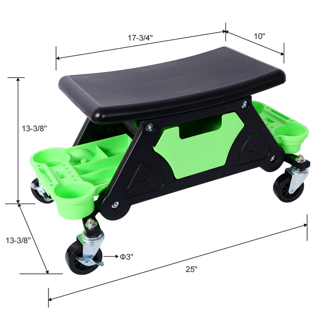 Mechanic Stool 300 LBS Capacity Garage Gift for Men Heavy Duty Rolling Seat with Three Slide Out Tool Trays and Drawer for Automotive Auto Repair--Green