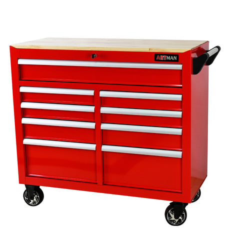 9 Drawers Multifunctional Tool Cart with Wheels and Wooden Top Red