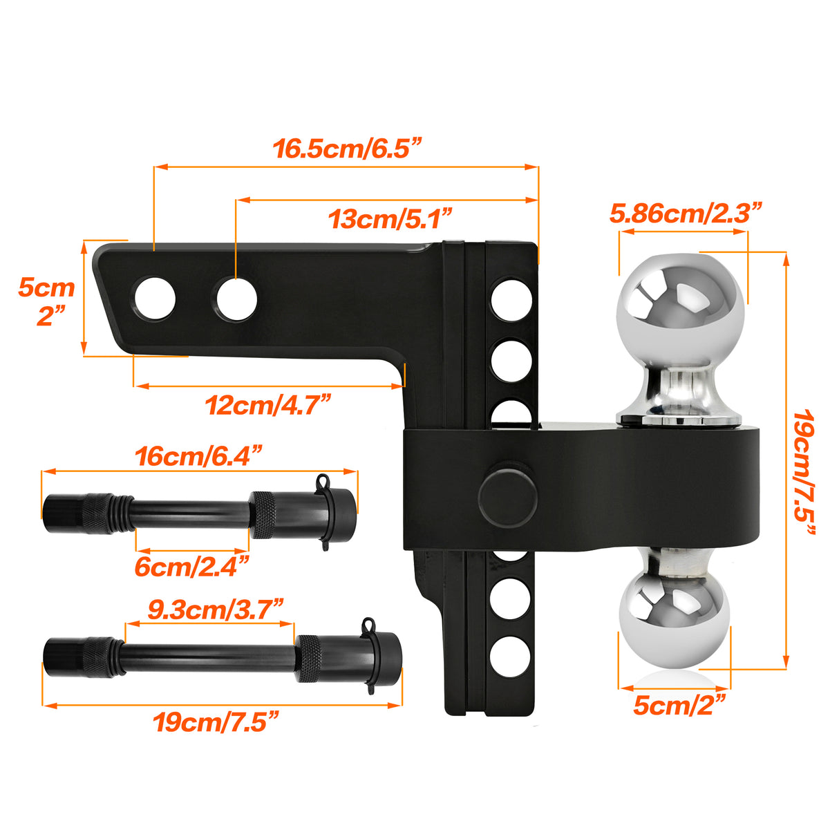 Verstelbare trekhaakbevestiging met 2" en 2-5/16" kogelpassing Standaard 2 inch ontvanger 6 inch Drop/Rise trekvermogen 5000-12500 LBS Heavy Duty aluminium dubbele ballen - Zwart