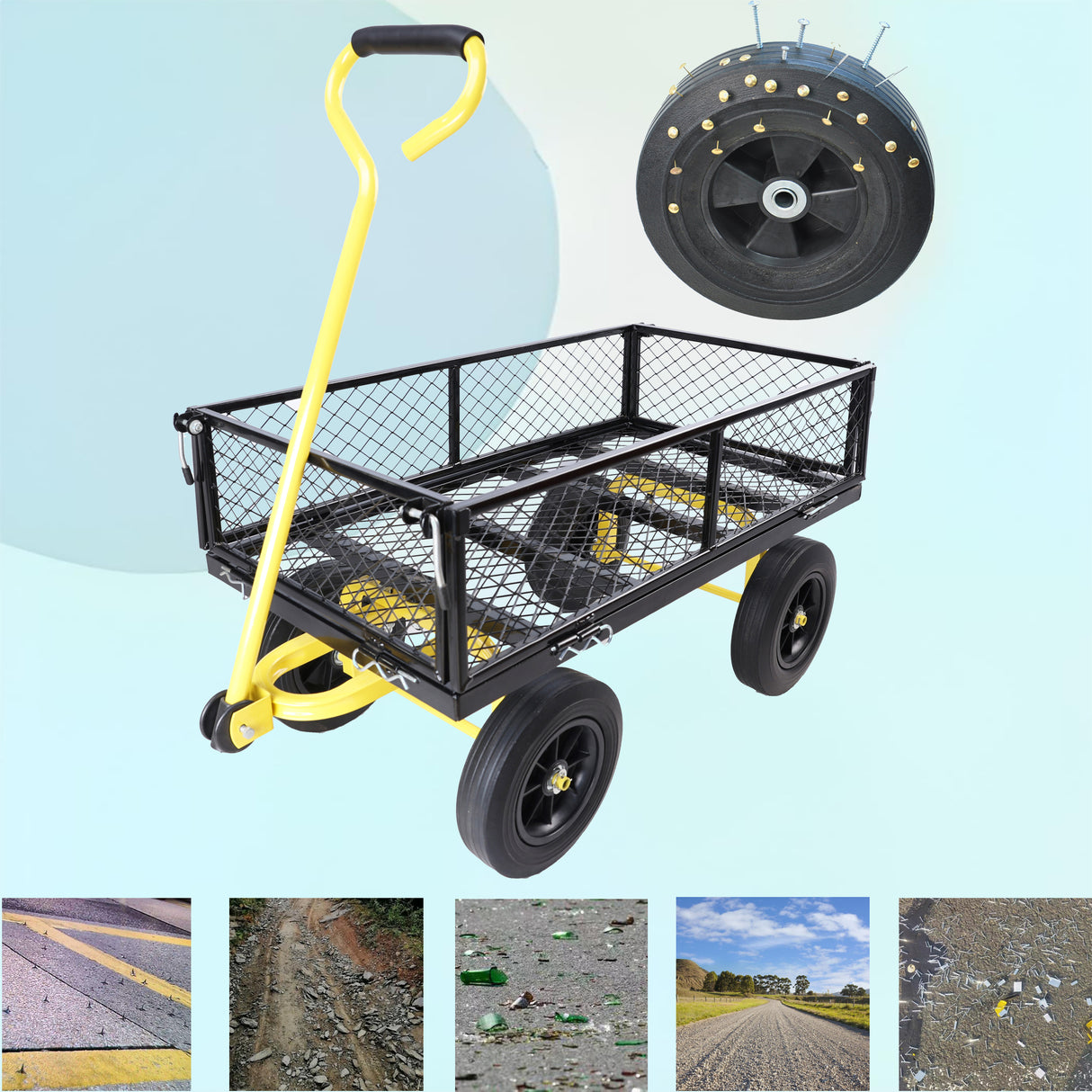 Solid Wheels Tools Wagon Cart Garden Trucks Transport Firewood Black Yellow