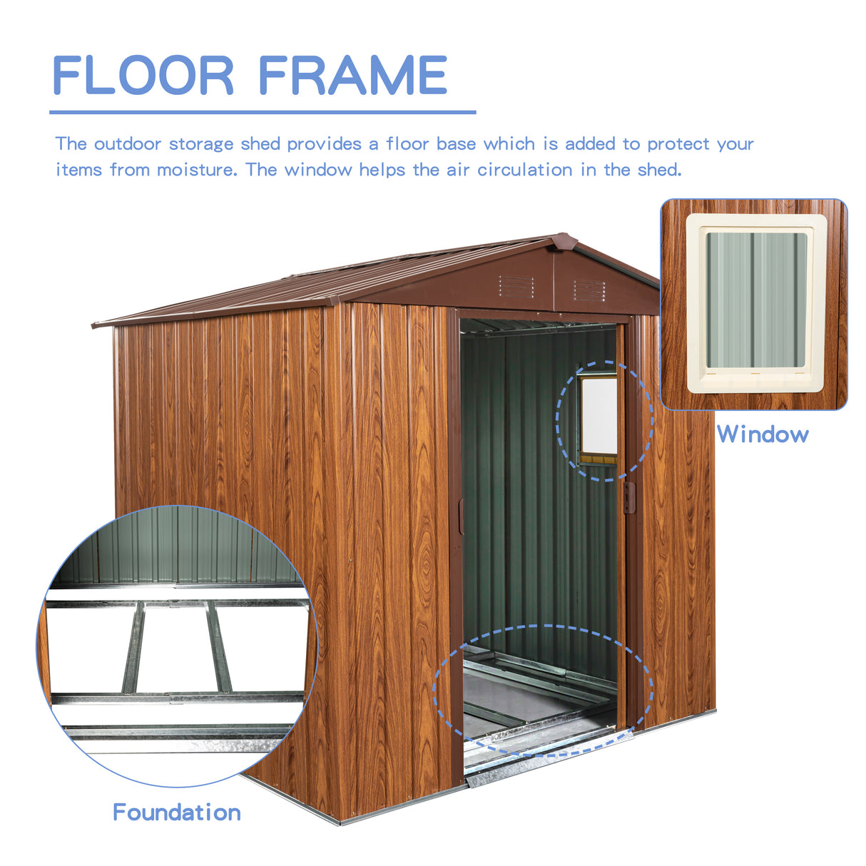 Cobertizo de almacenamiento de metal para exteriores de 6 pies x 6 pies con base de piso de metal con ventana Café