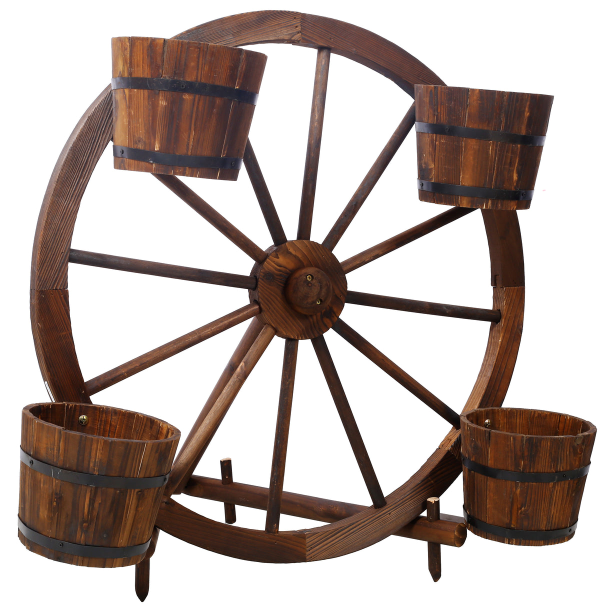 Wood Wagon Wheel Barrel Planter Display--Brown