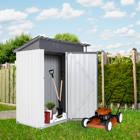 Cobertizo elevador de almacenamiento de Metal para jardín, herramientas de almacenamiento al aire libre, puerta con bisagra a prueba de lluvia, versión gris y blanco, 5x3x6 pies