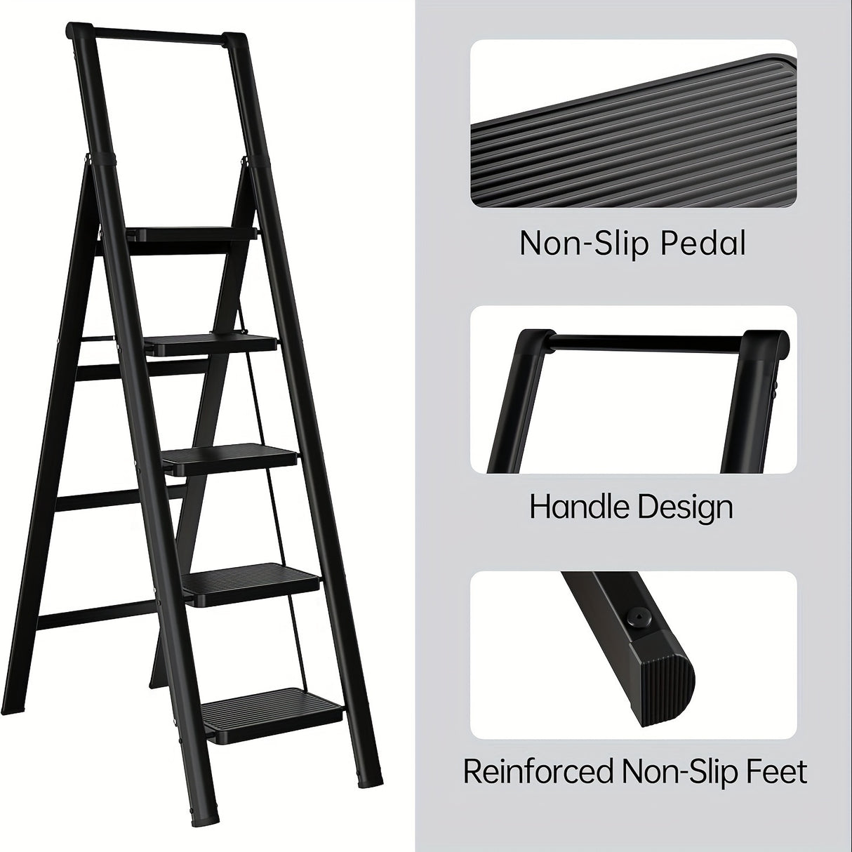 Escalera de 5 escalones Taburete plegable con pedales anchos antideslizantes Asa liviana y fácil de transportar Acero multiusos Adecuado para uso en el hogar y la oficina