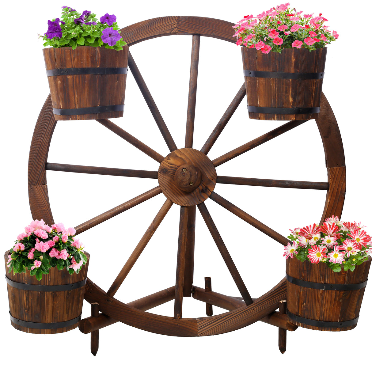 Wood Wagon Wheel Barrel Planter Display--Brown