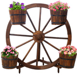 Wood Wagon Wheel Barrel Planter Display--Brown