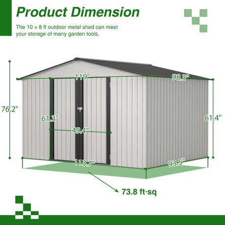 10X8 FT Outdoor-Lagerschuppen, wetterfestes Metall mit abschließbaren Türen, Werkzeug für Garten, Terrasse, Hinterhof, Rasen, Grau