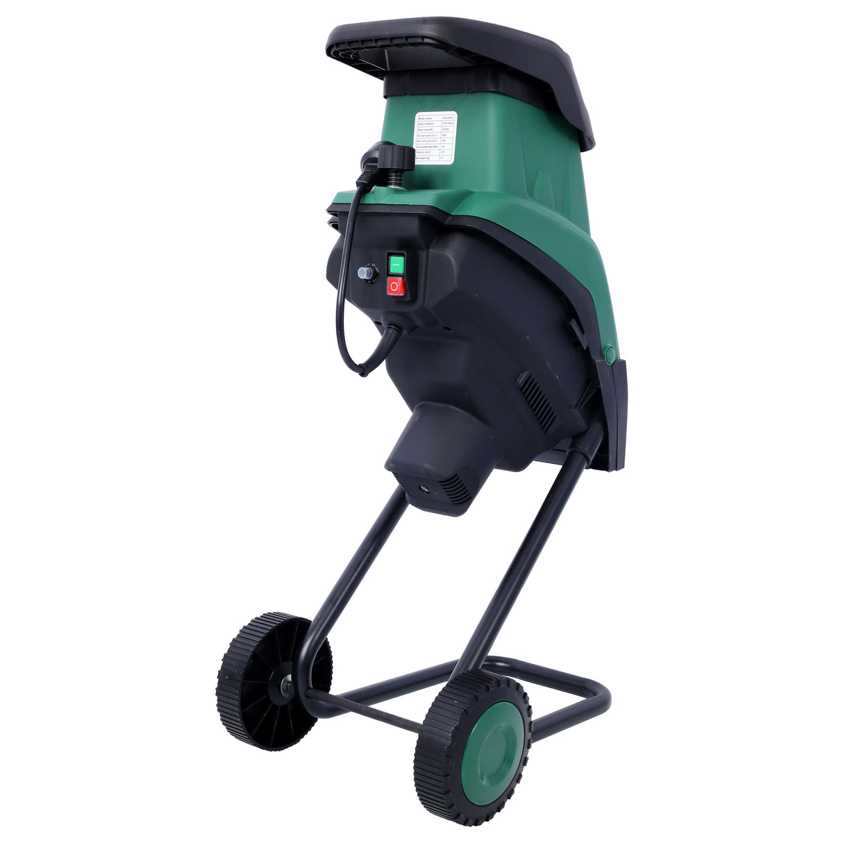 15Amp Electric Wood Garden Chipper/Shredder na may Mga Gulong Portable Chipping Width Collection Bag na Double Sided Blade System Auto Shut-Off Green