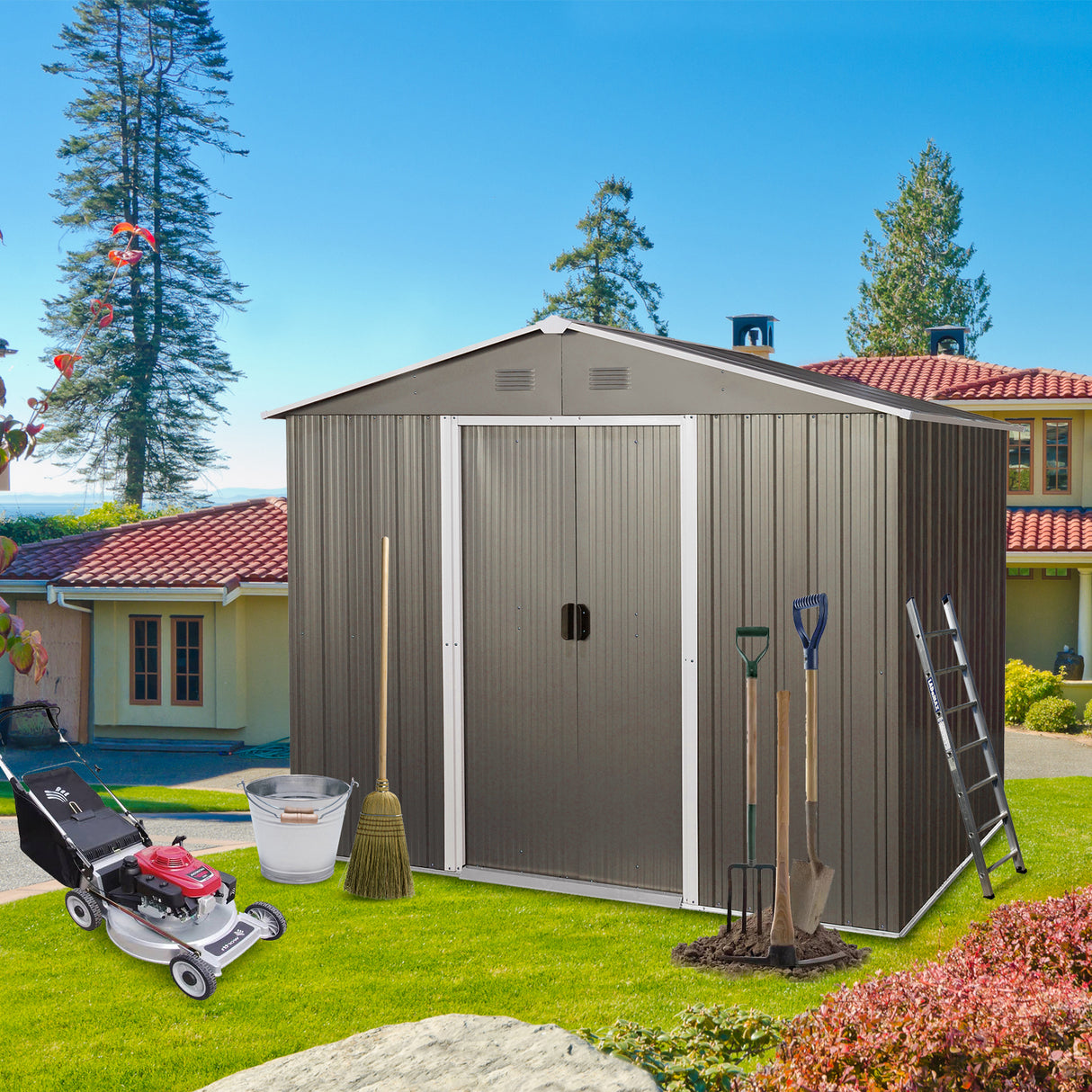 8ft x 6ft Outdoor Metal Storage Shed with Floor Base Gray