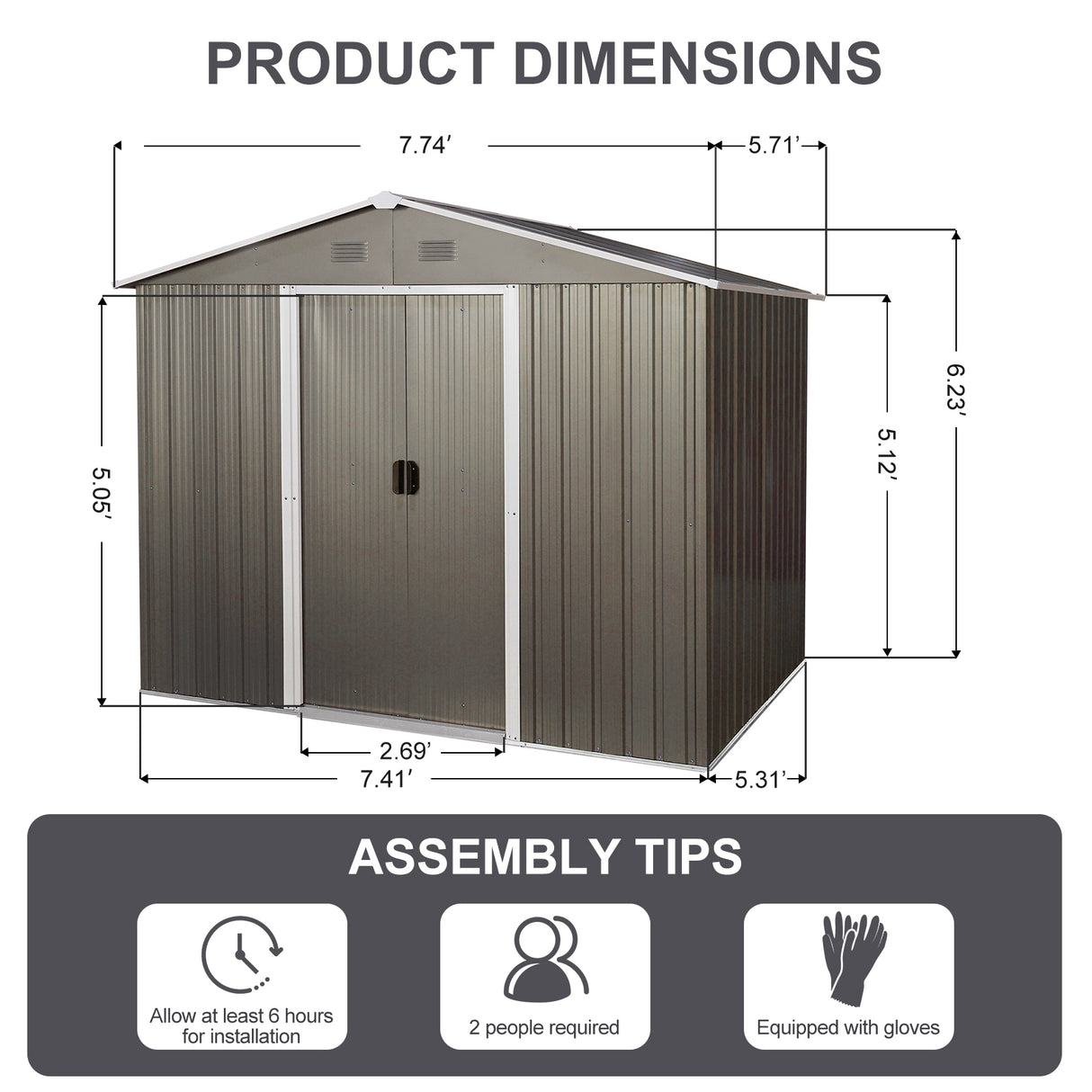 8ft x 6ft Outdoor Metal Storage Shed na may Floor Base Gray