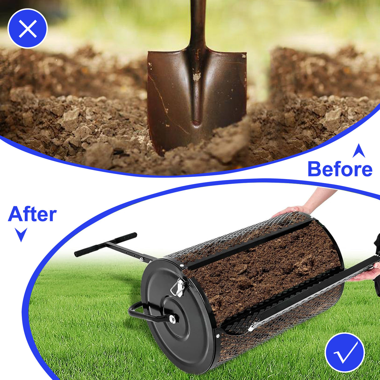 Épandeur de mousse de tourbe à compost avec poignée améliorée en forme de T pour planter des semis, maille métallique légère et durable pour l'entretien de la pelouse et du jardin, fumier noir