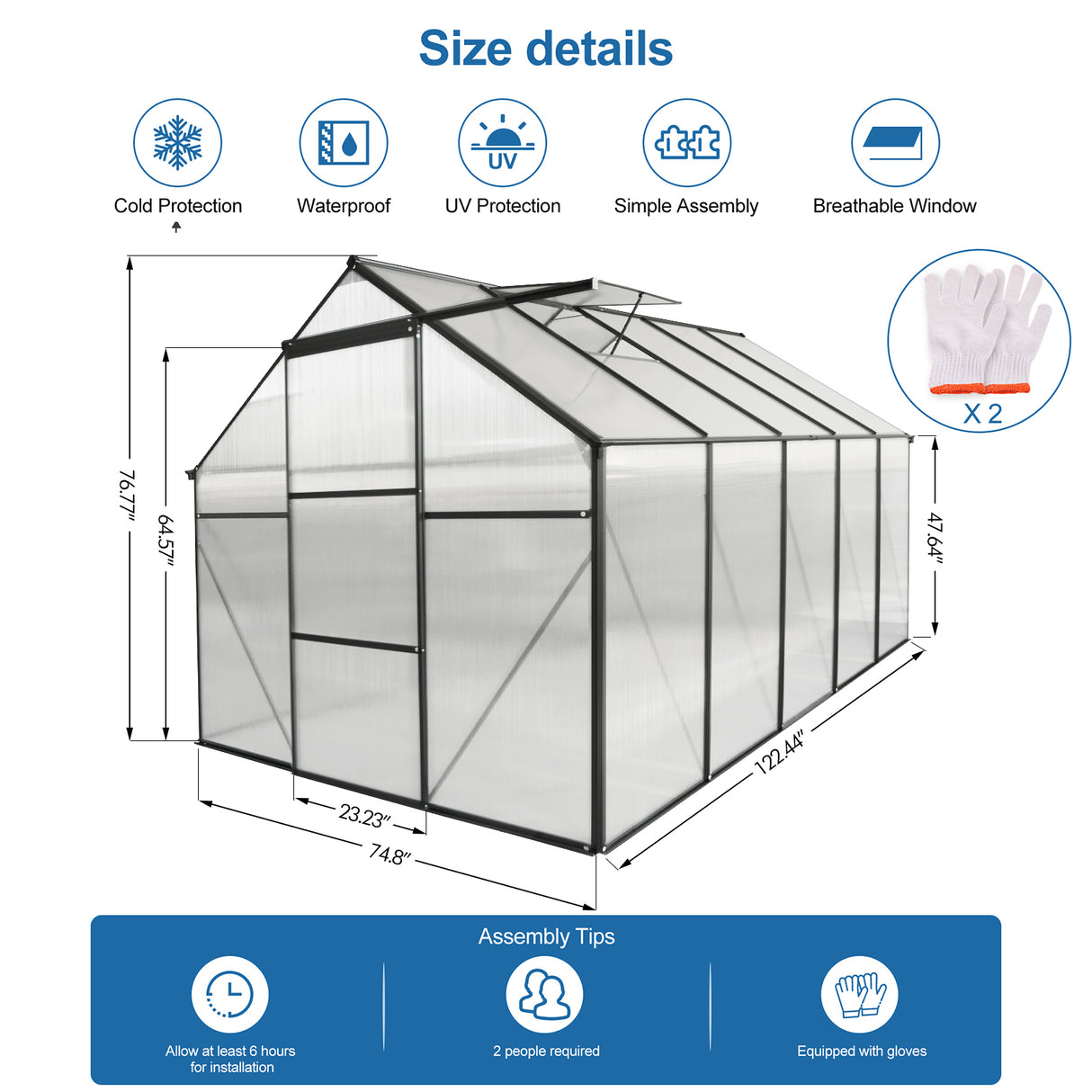 Serre en polycarbonate de 6x10 pieds, base surélevée et ancrage en aluminium robuste, pour cour extérieure, noir toutes saisons