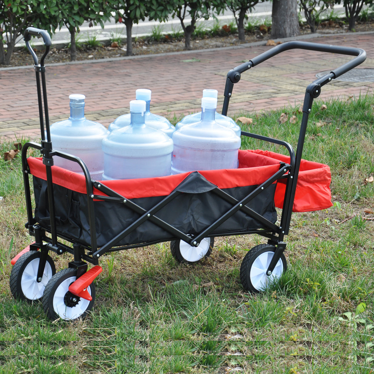 Carro utilitario plegable para exteriores, carrito de mano portátil para jardín, resistente, soporte para bebidas, asas ajustables, negro y rojo