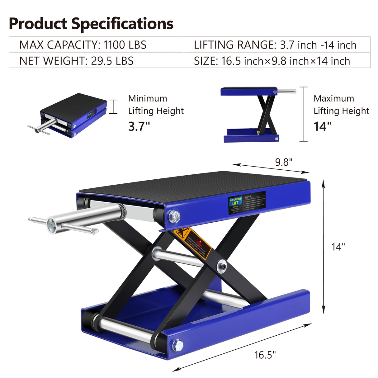 1100 LBS Motorcycle Scissor Lift Jack with Wide Deck & Safety Pin 3.7"-14" Center Hoist Crank Stand Steel for Street Bikes Cruiser Bikes Touring