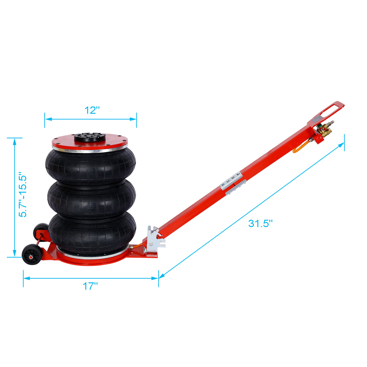 Cric pneumatique à triple sac 5T, capacité de levage de 16 pouces, 11 000 lb, terrain à effondrement facile, rouge