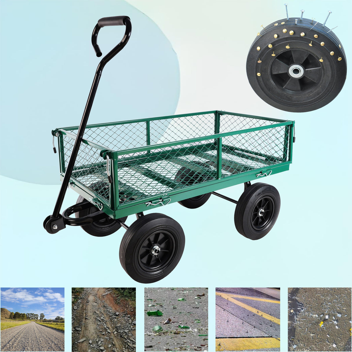 Solid Wheels Tools Cart Wagon Garden Trucks Transport Firewood Green