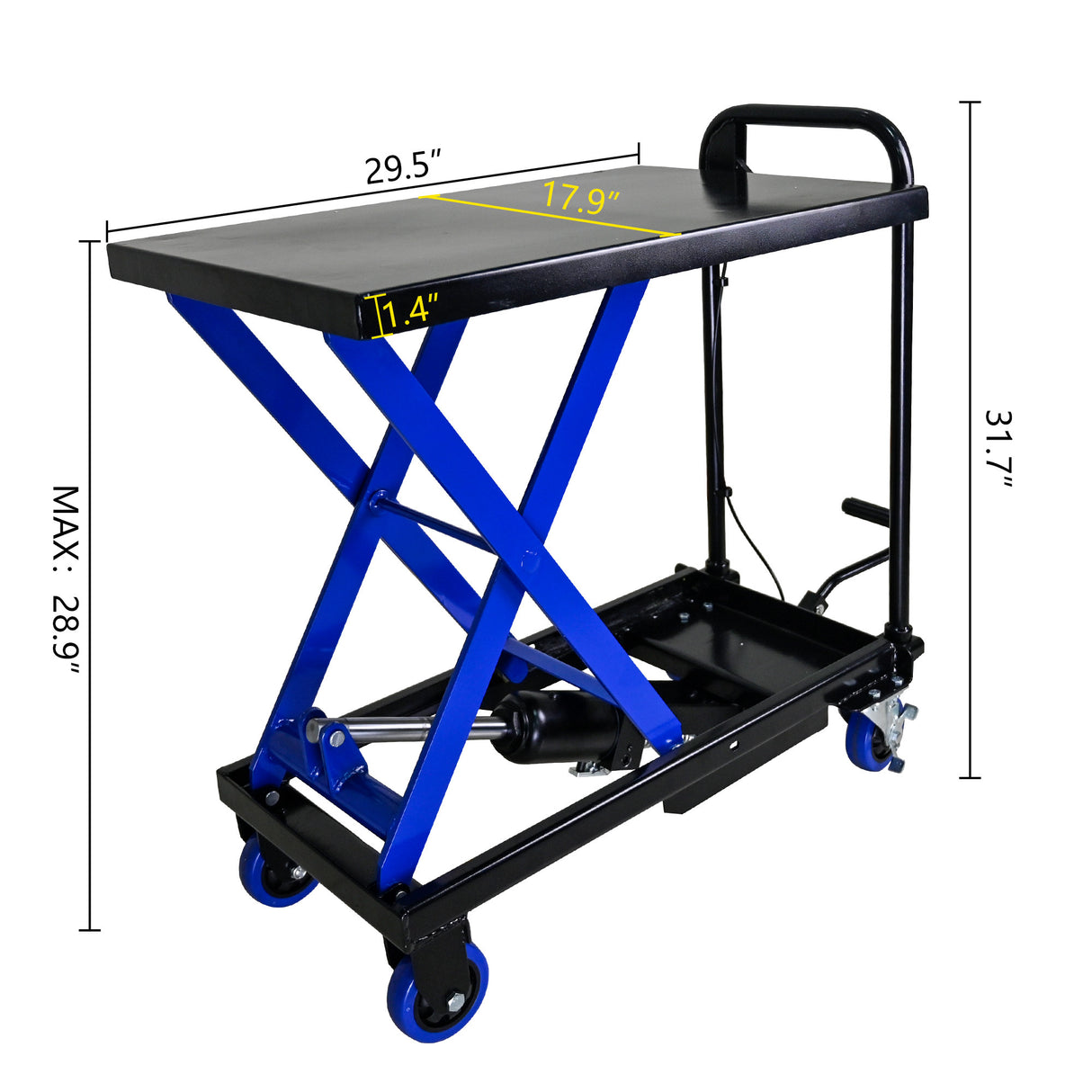 Hydraulic Lift Trolley 500 LBS Capacity with 4 Wheels for Material Handling and Transportation--Black+Blue