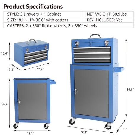 Rolling Garage Workshop Tool Organizer Detachable 3 Drawer Chest with Large Storage Cabinet and Adjustable Shelf