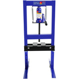 Steel H-Frame Hydraulic Shop Press with Stamping Plates to Bend Straighten or Press Parts Install Bearings and U-Joints 6 Ton Capacity Blue