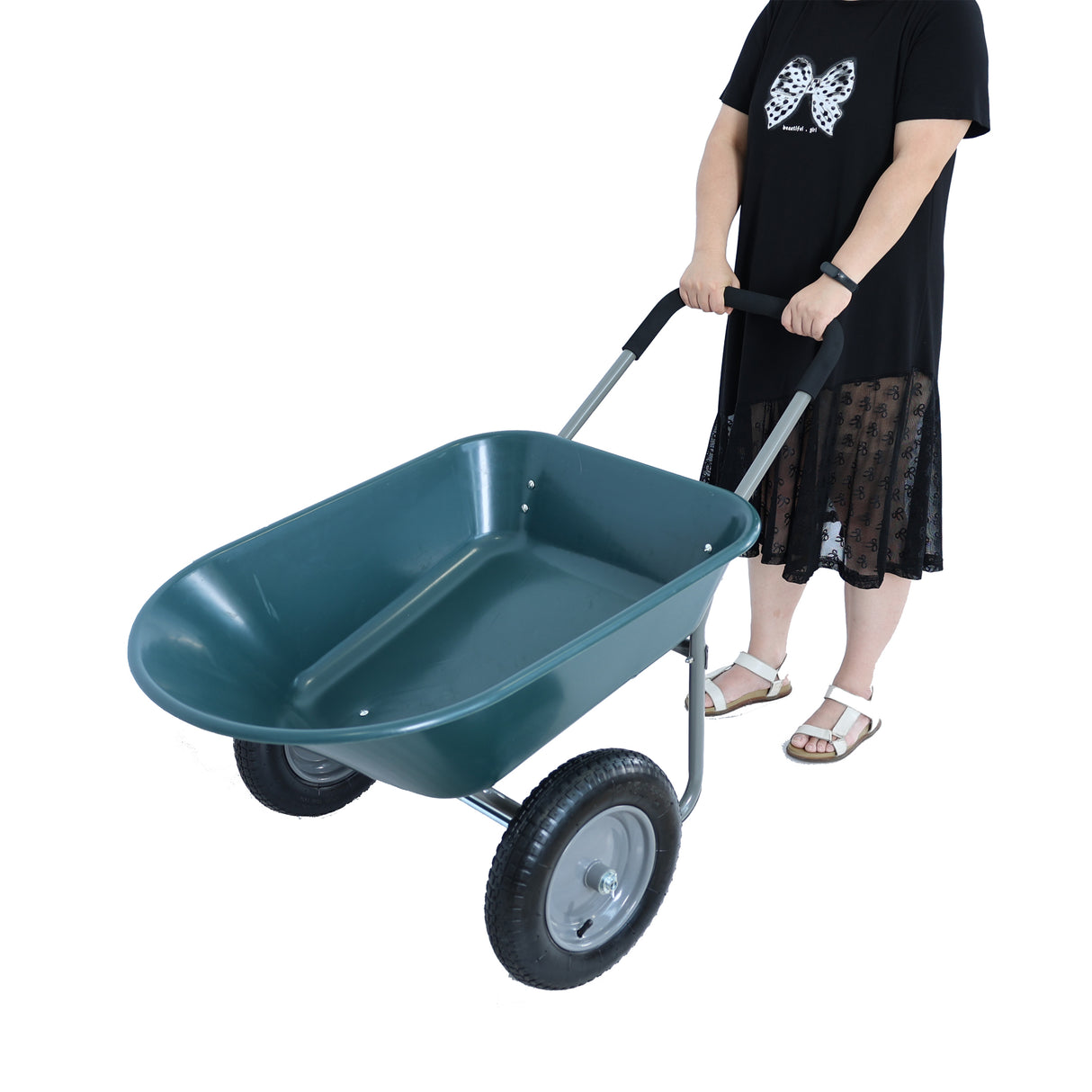 Wheel Barrow Two wheeled Trolley for Green Garden 15 inch Pneumatic 300 lbs Capacity