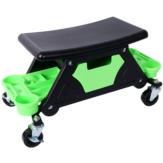 Mechanic Stool 300 LBS Capacity Garage Gift for Men Heavy Duty Rolling Seat with Three Slide Out Tool Trays and Drawer for Automotive Auto Repair--Green