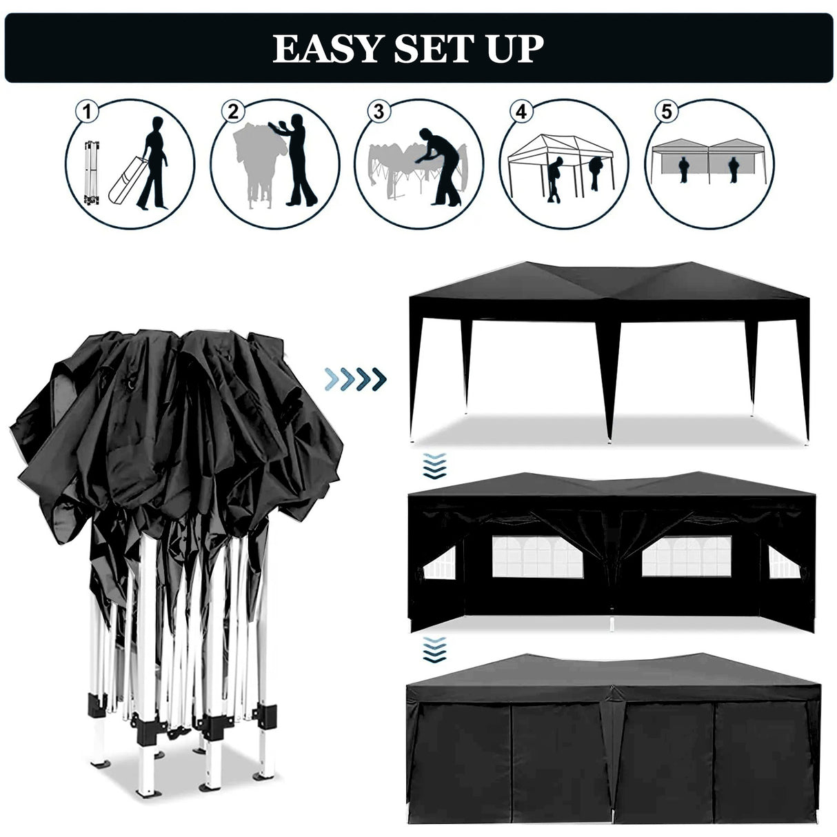 Carpa plegable para fiestas portátil al aire libre con dosel EZ Pop Up de 10'x20' con 6 paredes laterales extraíbles + bolsa de transporte + 4 bolsas de peso, color negro