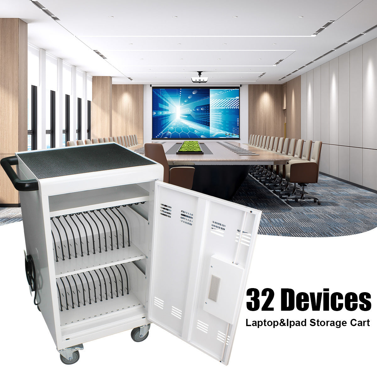 Mobile Charging Cart and Cabinet for Tablets Laptops 30-Device with Combination Lock White