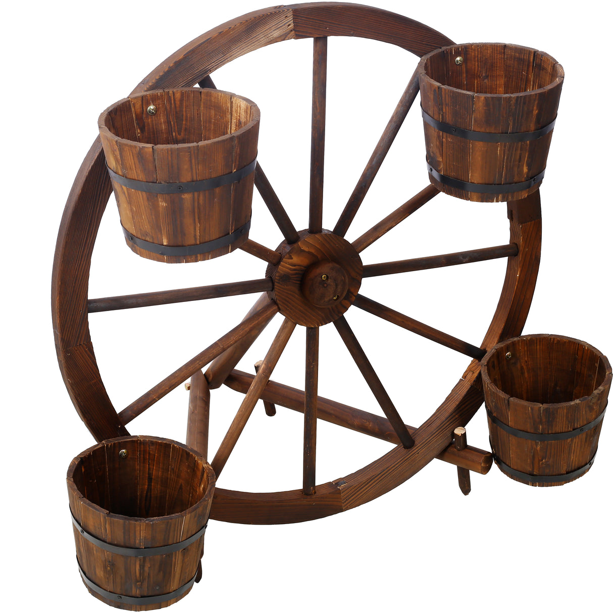 Wood Wagon Wheel Barrel Planter Display--Brown