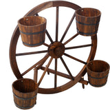 Wood Wagon Wheel Barrel Planter Display--Brown