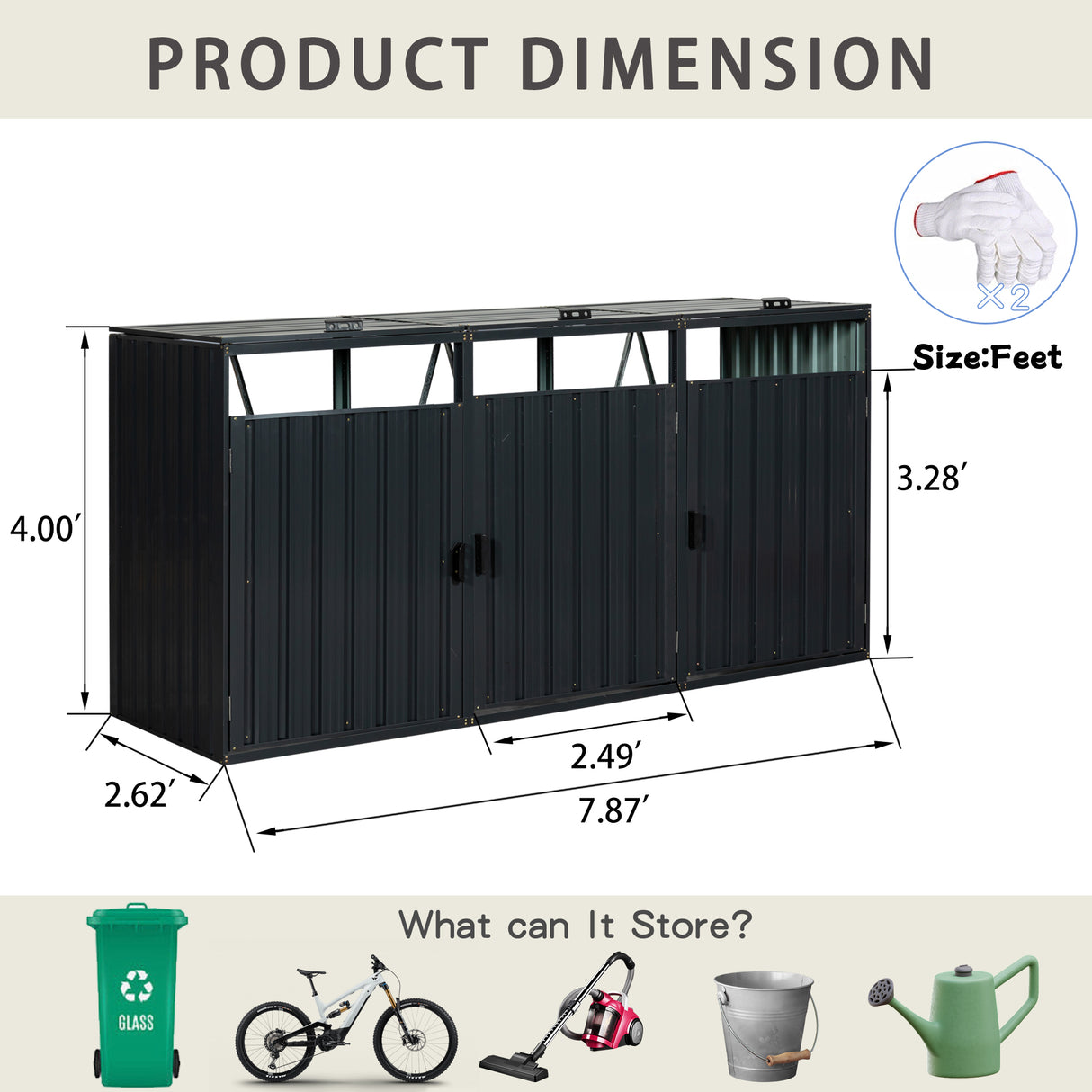 Garbage Bin Shed Stores 3 Trash Cans Metal Outdoor for Storage Stainless Galvanized Steel para sa Hardin Yard Lawn Charcoal