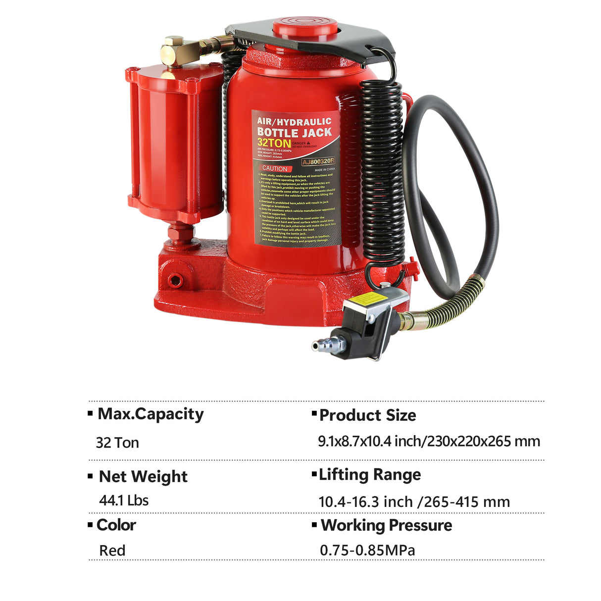 32-Ton Hydraulic Air-Operated Bottle Jack Lift Portable Low Profile Manual Air na may Handle