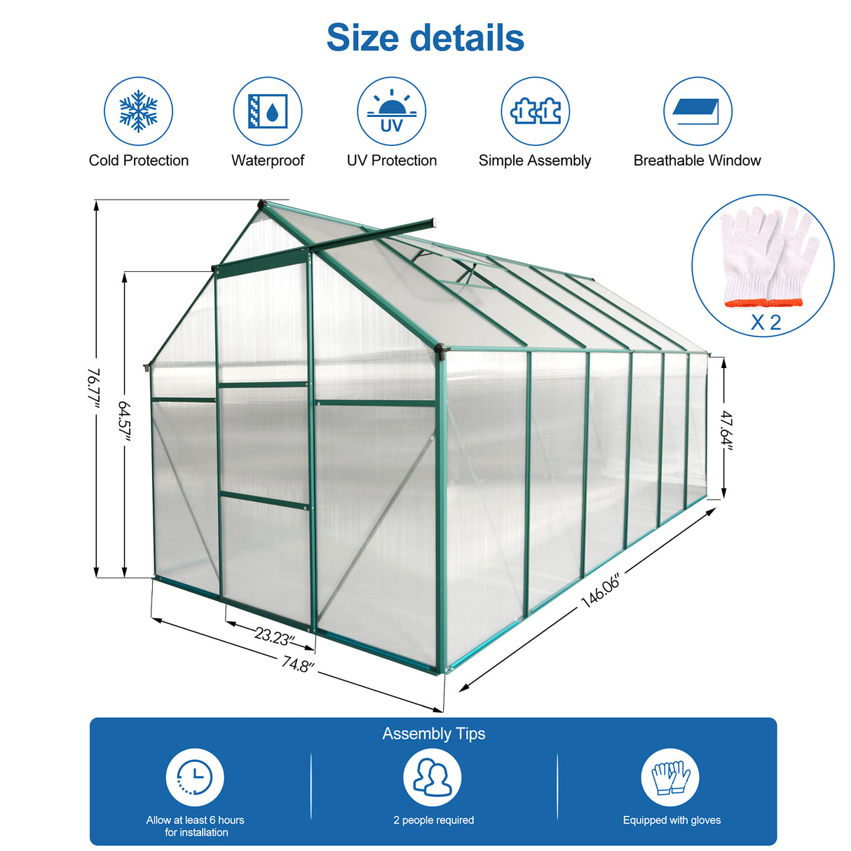 Serre en polycarbonate de 6x12 pieds, base surélevée et ancrage en aluminium robuste, pour cour extérieure, vert toutes saisons