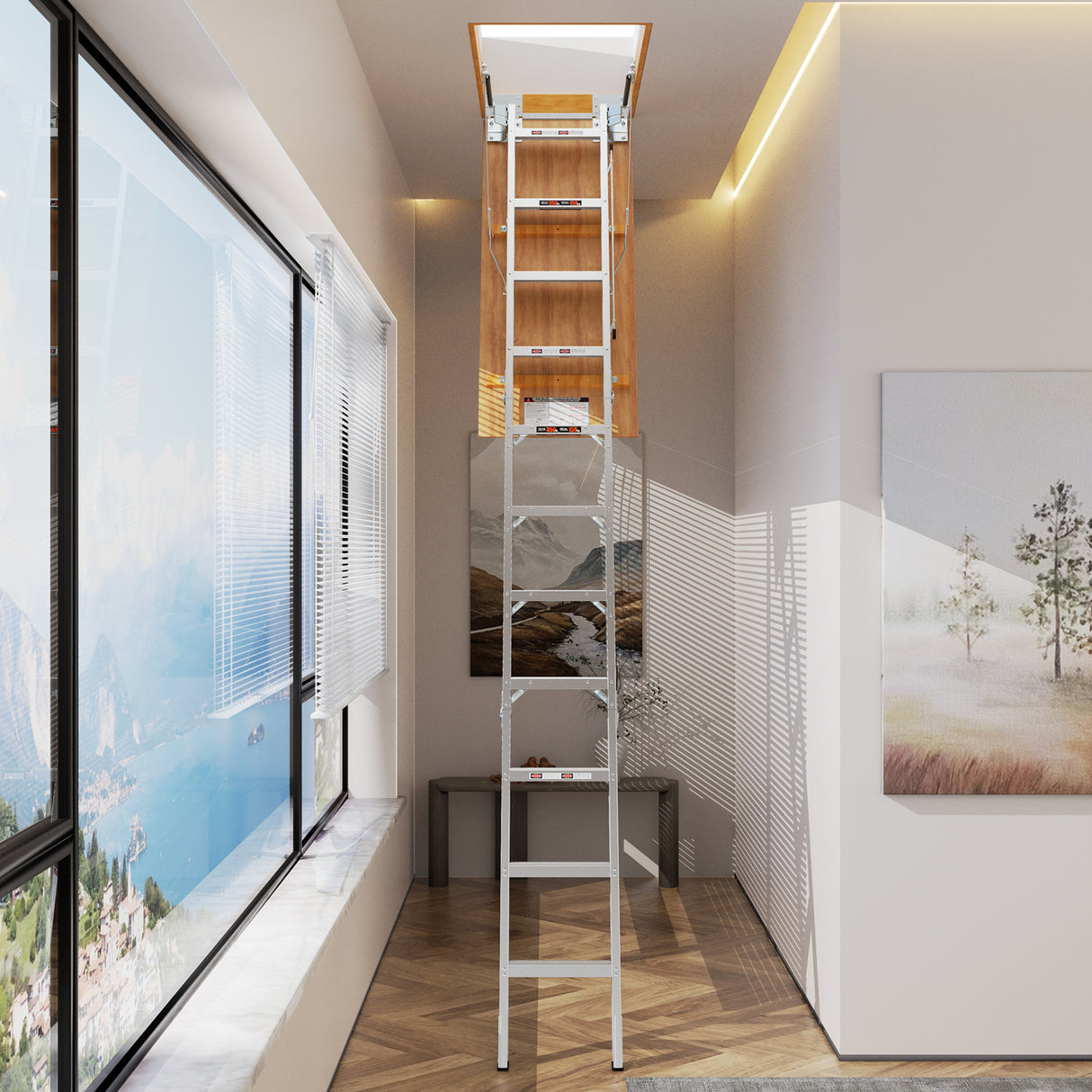 Aluminium zolderladder 350 lbs capaciteit 22 1/2" x 54" opening 7-10ft plafond - metallic grijs