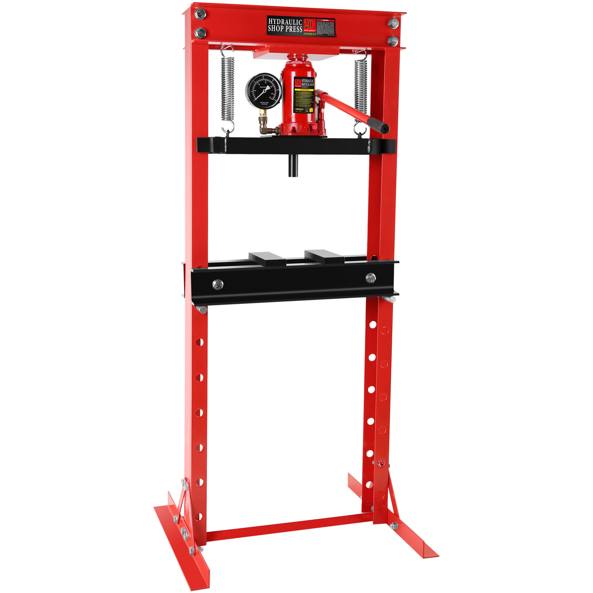 20 Ton Hydraulic Shop Floor Press Steel H-Frame na may mga Plate Adjustable Working Table Stand Jack para sa Mga Gear at Bearing Pula