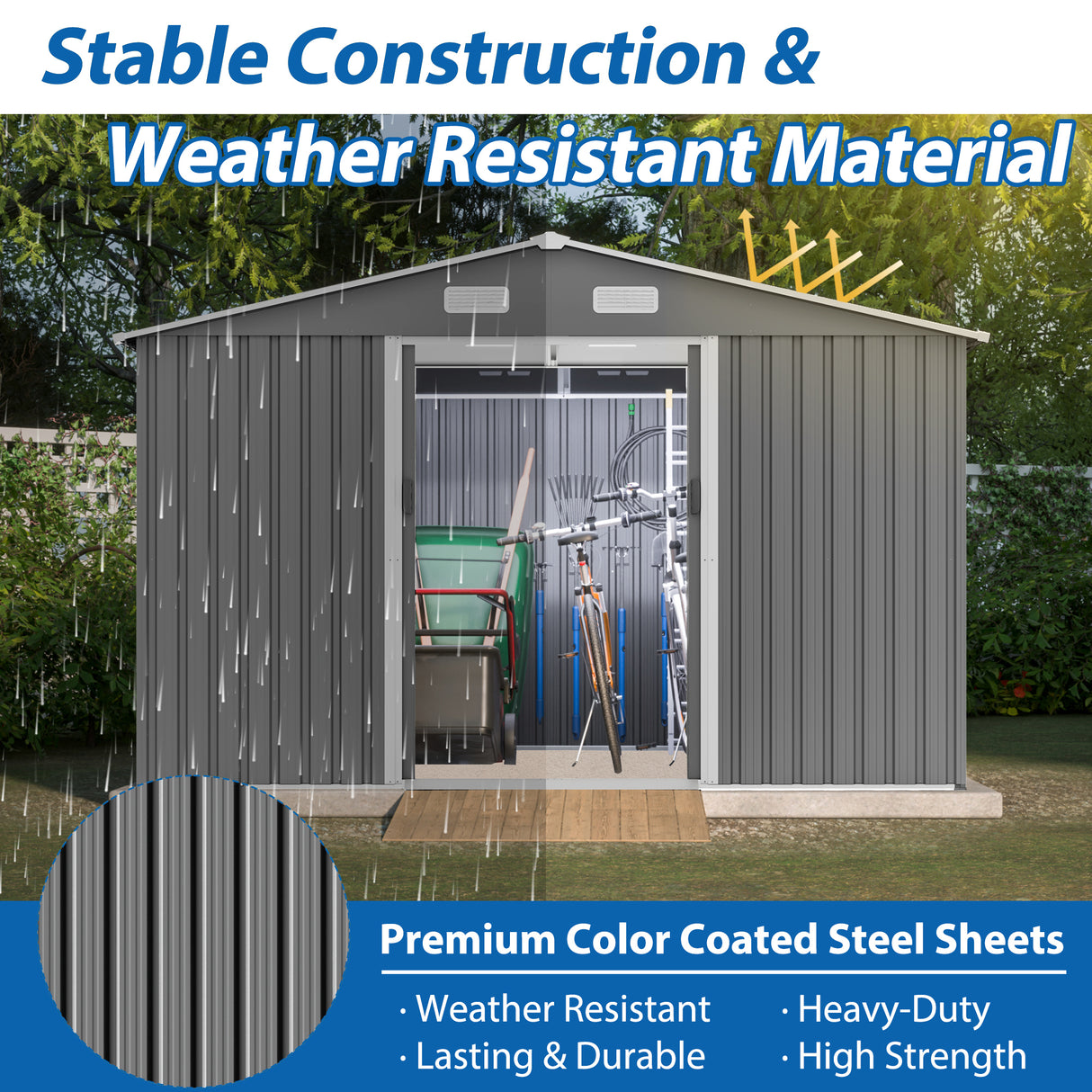 10X8 FT Outdoor Storage Shed Metal Foundation & Lockable Doors Tool for Garden Patio Backyard Lawn Grey