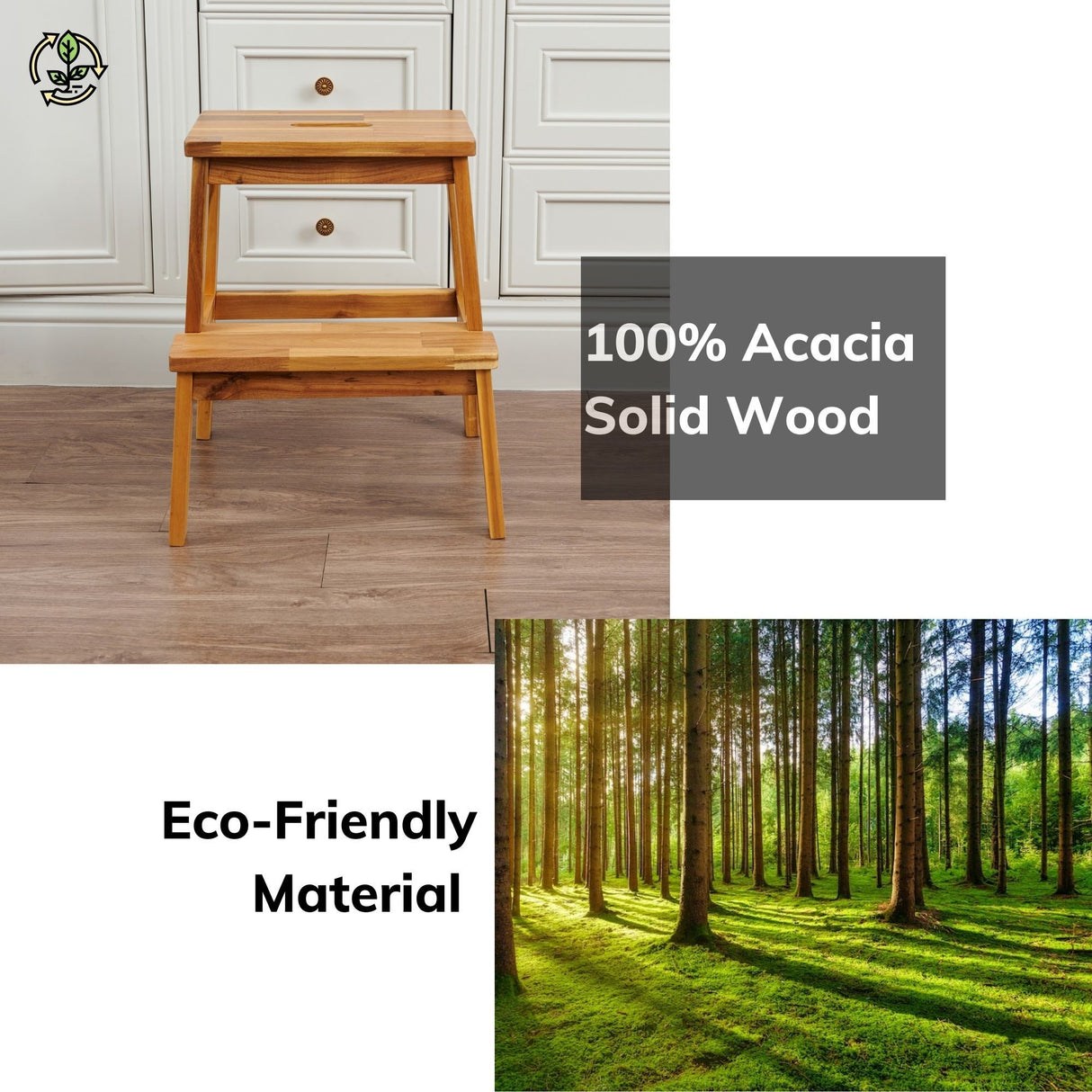 Acacia Wood Two Steps Stool Small Size Rectangle 250 lbs Capacity