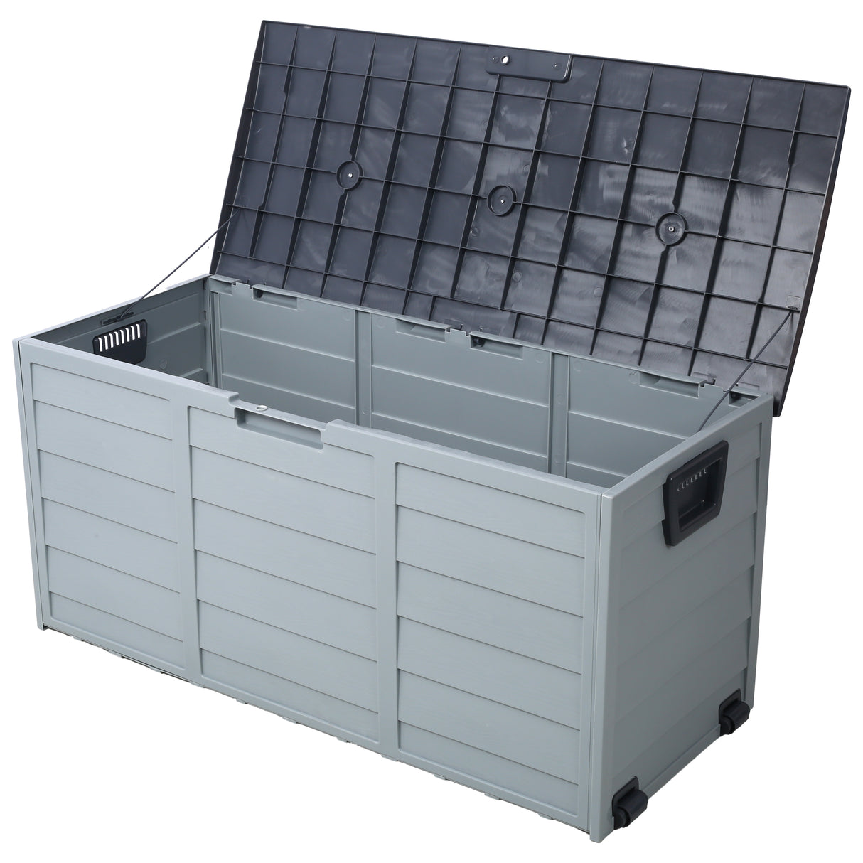 Allwetter-UV-Pool-Deckbox, 250 lbs Kapazität, Lagerschuppen, Mülleimer, Hinterhof, Terrasse, im Freien mit Rad, 75 Gallonen Harz-Deckbox – Organisation und Aufbewahrung für Möbel, Kissen, Gartengeräte und Poolspielzeug – Grau