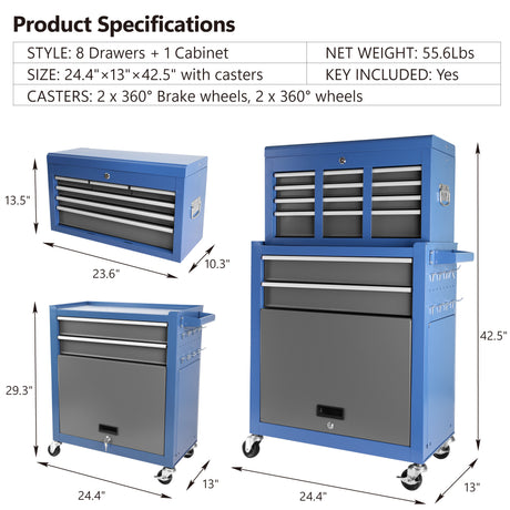 Assembled Mobile Rolling Lockable Tool Chest na may Gulong 8 Drawers para sa Workshop Mechanics Garage