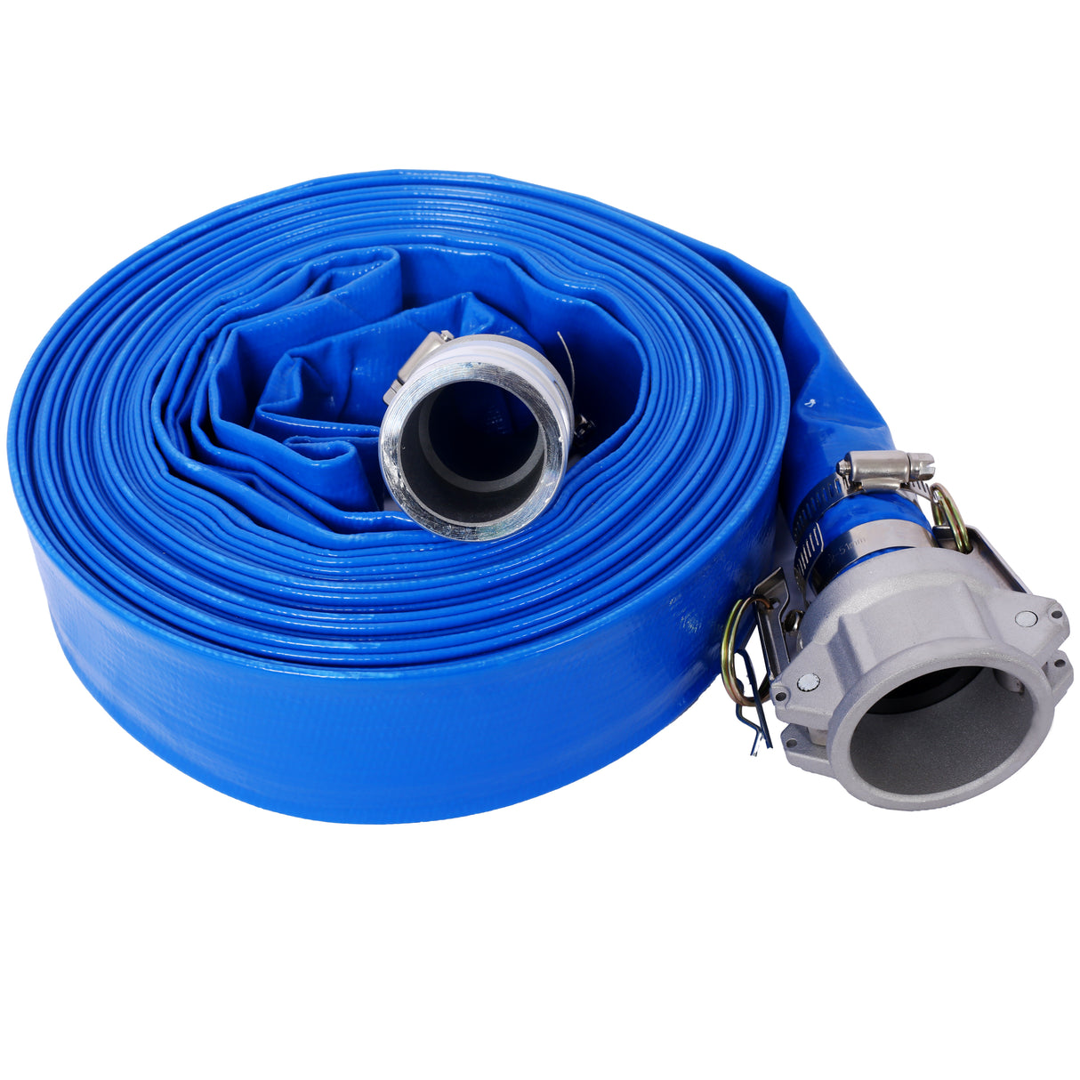 1,5" ID × 50 ft Pool Backwash Slange Heavy Duty Forsterket Blå PVC Lay Flat Vannutløpspumpeslanger for svømmebassenger og rene filtre med Camlock C og E-koblinger i aluminium