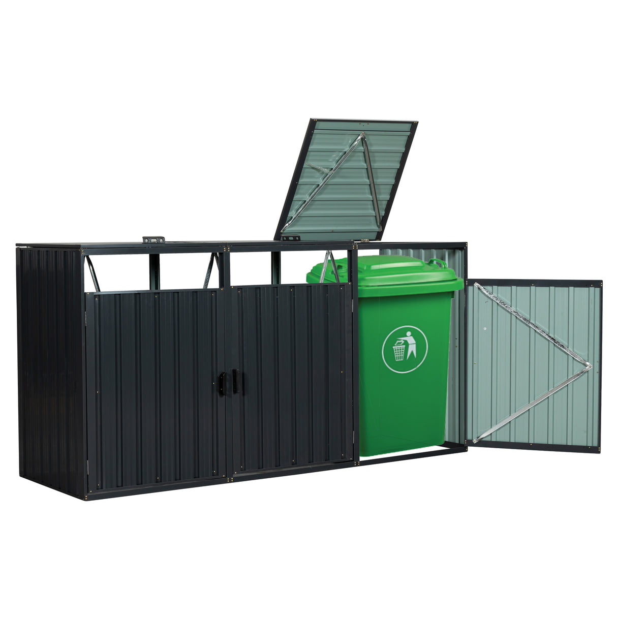 Garbage Bin Shed Stores 3 Trash Cans Metal Outdoor for Storage Stainless Galvanized Steel for Garden Yard Lawn Charcoal