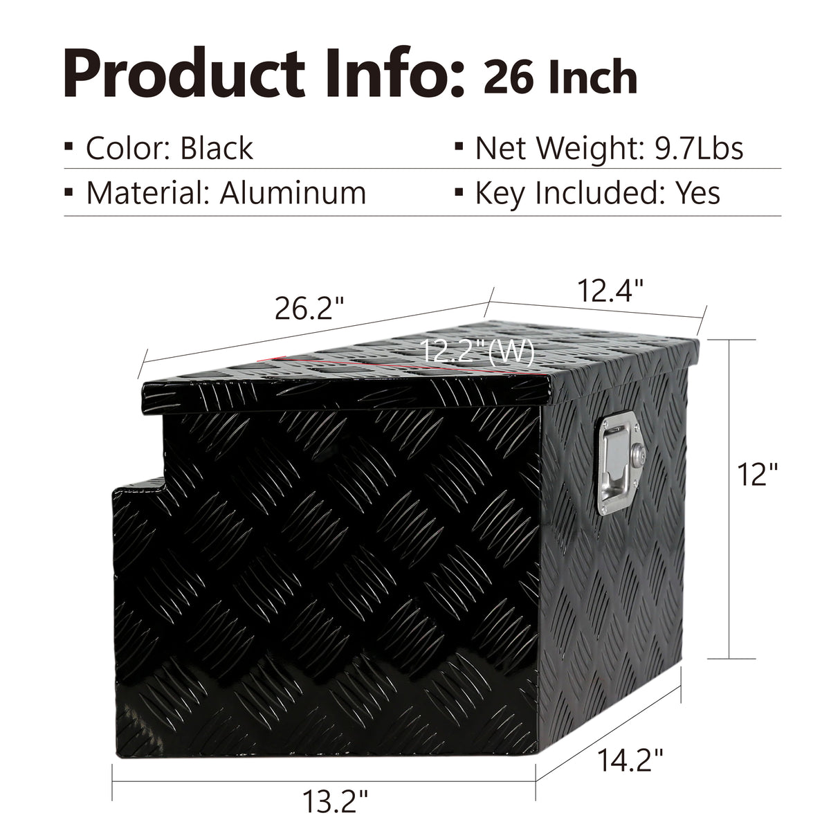 26-Zoll-Werkzeugkasten mit Aluminiumstreifen, plattiert, Pick-up-LKW-Ladefläche, RV-Anhänger, Zunge, wasserdichter Aufbewahrungsorganisator mit Schloss und Schlüsseln, Schwarz, 26,2" x 13,2" x 12"
