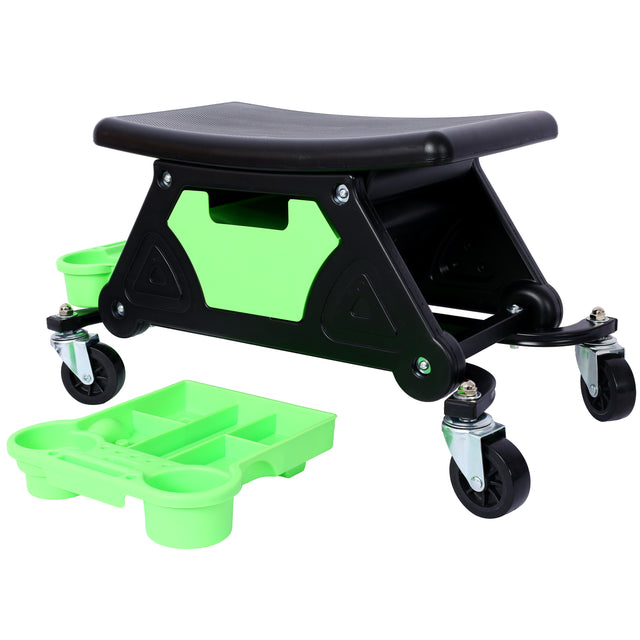 Mechanic Stool 300 LBS Capacity Garage Gift for Men Heavy Duty Rolling Seat with Three Slide Out Tool Trays and Drawer for Automotive Auto Repair--Green