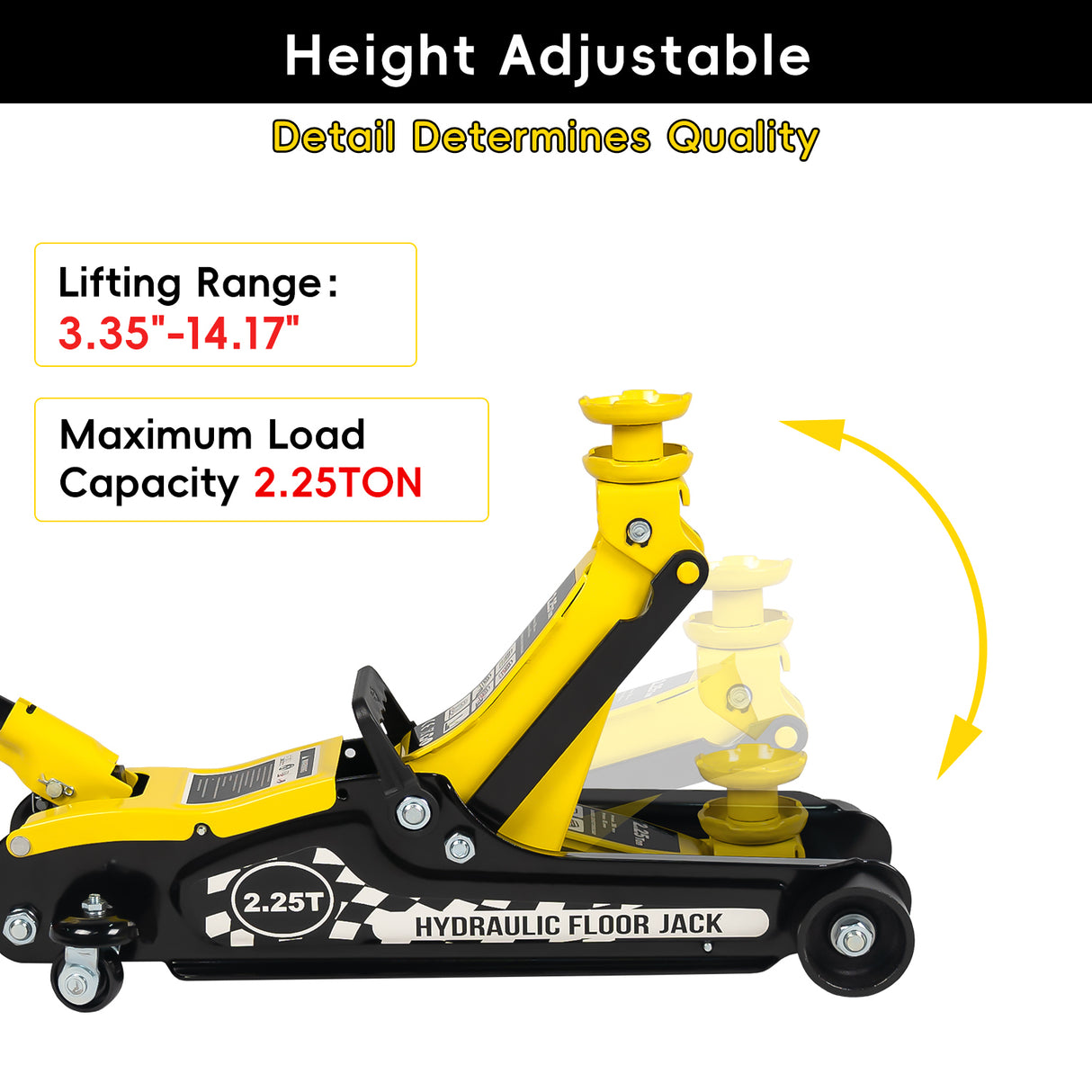 Zasięg podnoszenia 3,35"–14,17" Hydrauliczny podnośnik podłogowy 2,25 tony Podstawki podłogowe o udźwigu 3 ton Zestaw do naprawy opon Niskoprofilowy serwis Udźwig 4960 funtów Podwójne sworznie blokujące - żółte