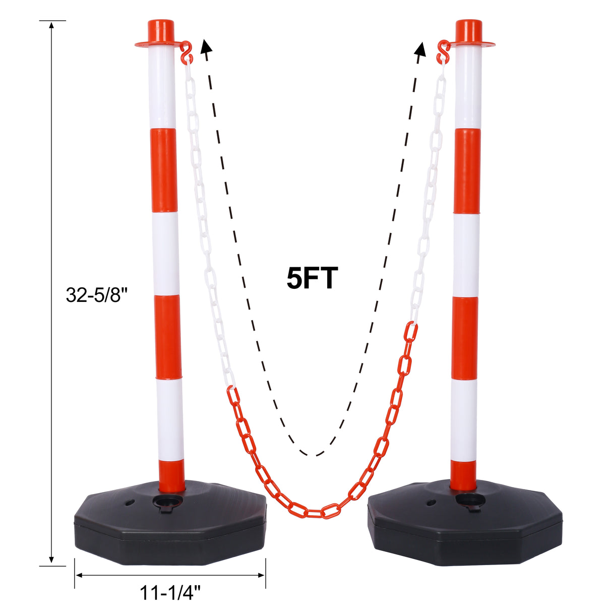 12-pack trafikkavgrensende stolpekjegler med utfyllbar base Justerbar sikkerhetsbarriere med 5 fot plastkjede Utendørs og innendørs Crowd Control Stanchion for kontroll og advarsel - Hvit+Rød