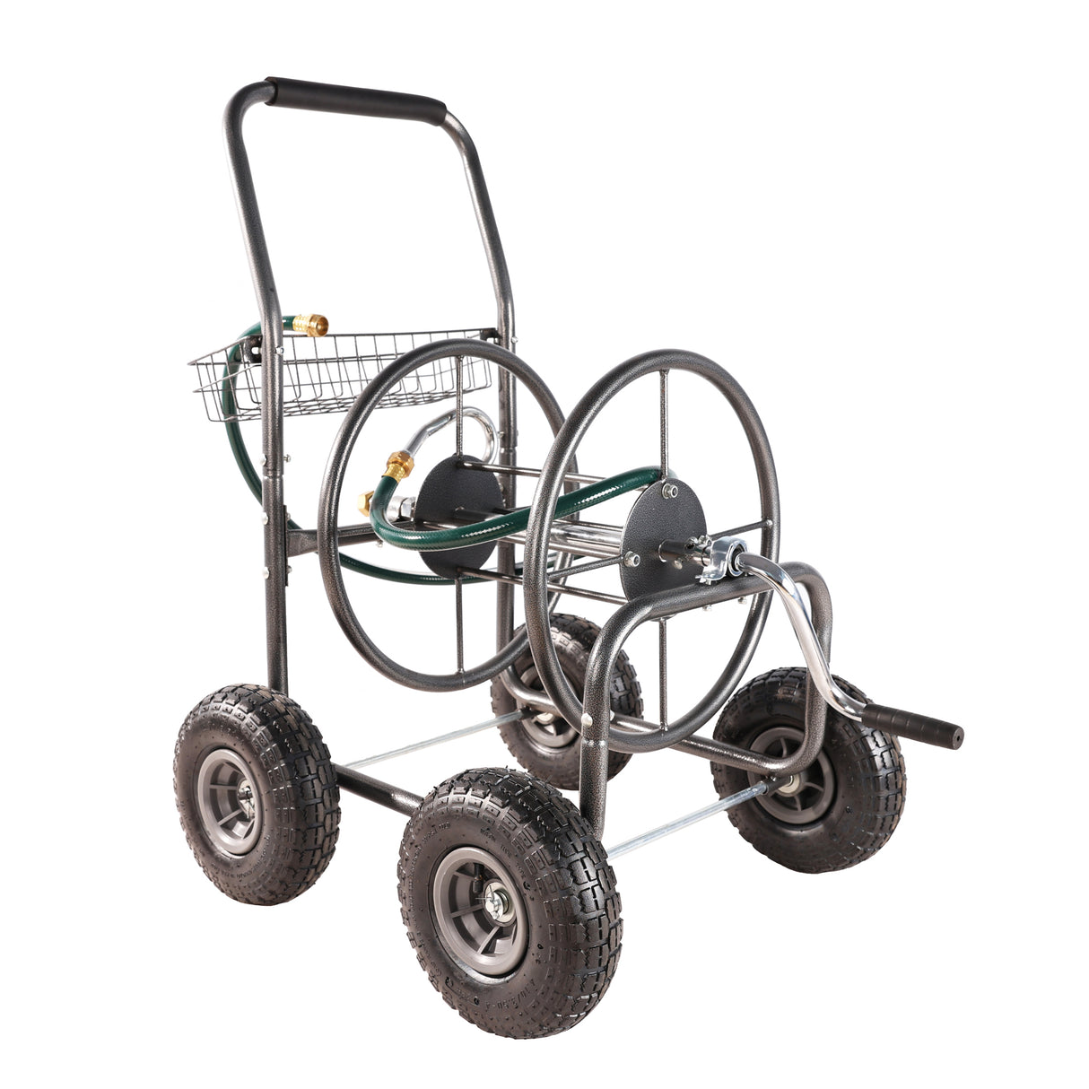 4 Wheels Portable Garden Hose Reel Cart na may Storage Basket Lumalaban sa kalawang na Mabigat na Tungkulin na Water Hose Holder Steel