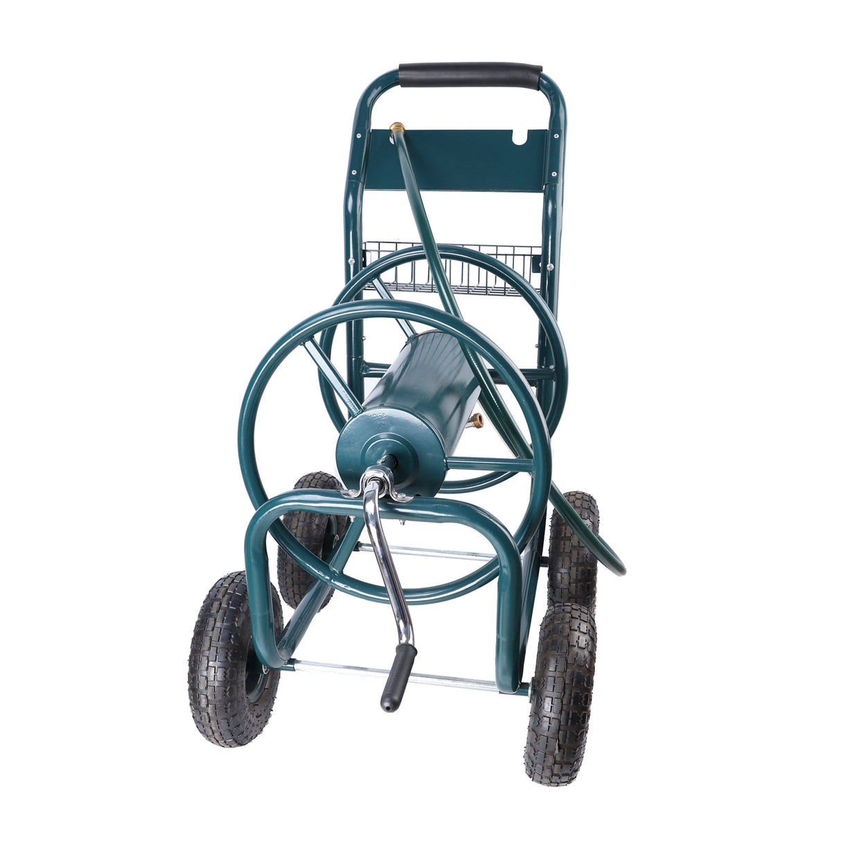 Carrello avvolgitubo da giardino 4 ruote portatile con cestello portaoggetti Supporto per tubo dell'acqua resistente alla ruggine Verde