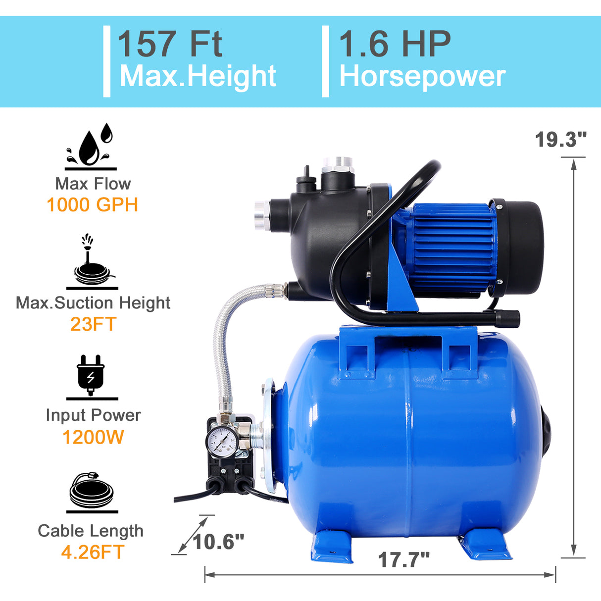 1.6HP Shallow Well Pump with Pressure Tank Garden Water Irrigation Automatic Booster Pump for Home Garden Lawn Farm