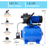 1.6HP Shallow Well Pump na may Pressure Tank Garden Water Irrigation Awtomatikong Booster Pump para sa Home Garden Lawn Farm