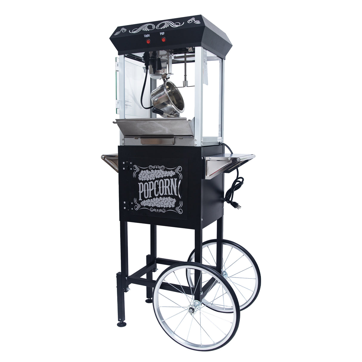 Popcorn Machine with Cart 8oz Popper with Stainless-Steel Kettle Heated Warming Deck and Old Maids Drawer Black