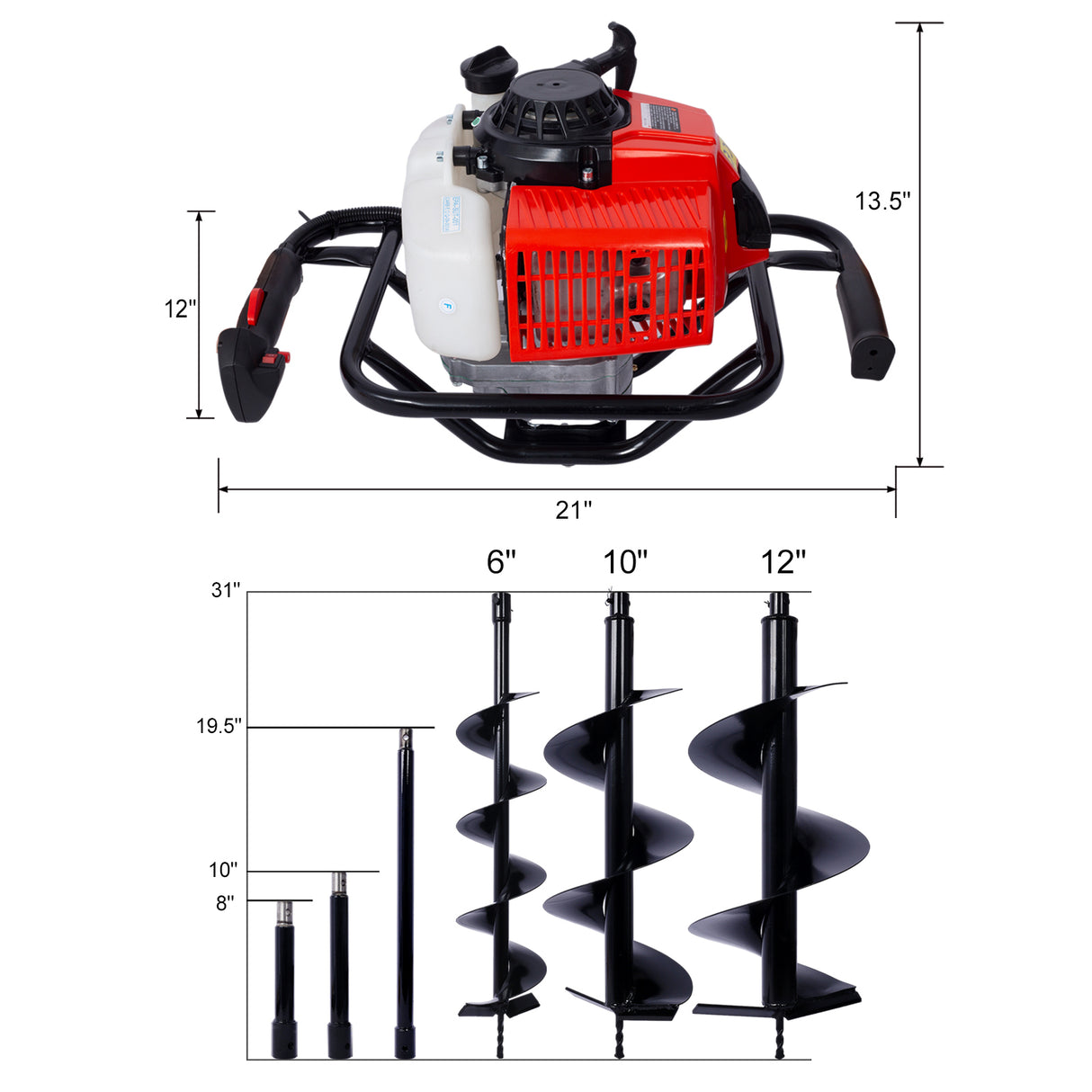 Excavatrice de trous de poteau 2,7 CV 63 cc pour deux personnes, poignée à essence, tarière à 2 temps, taille de l'arbre de forage 3/4" (machine uniquement), plainte EPA avec forets L6" + L10" + L12" + KITS de tiges d'extension - Noir